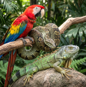 Macaw, boa constrictor, and iguana