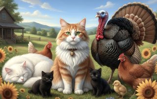 Illustration of cats with a turkey and chicken