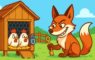 Fox with a key to a henhouse with 2 chickens looking worried