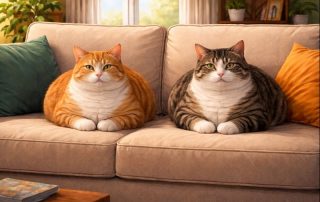 Two overweight cats on a sofa.