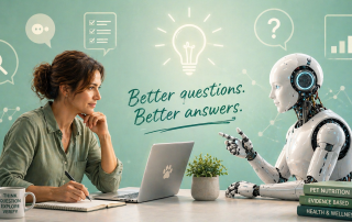 Woman at computer with AI robot answering a question