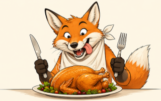 Fox sitting down to a roast chicken dinner.